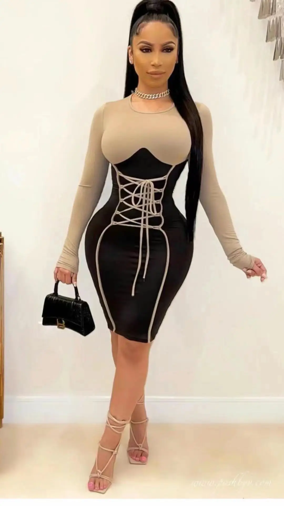 Sexy Elegant Mini Party Dress Vestido Fashion Fall Long Sleeve Patchwork Lacing Beige Bandage Dress