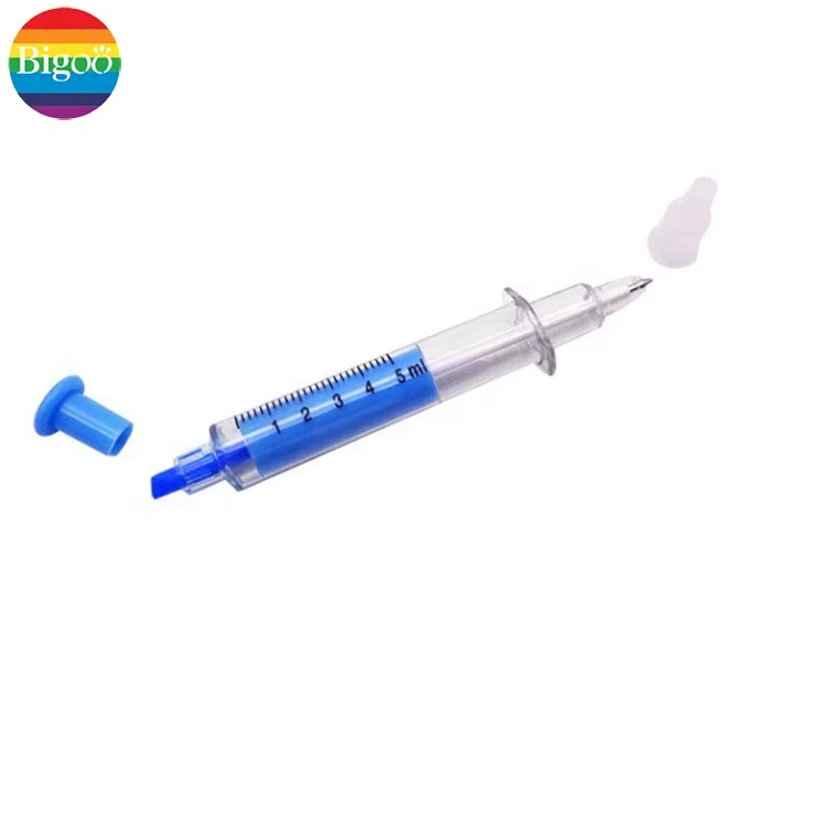 Popular 2 in 1 creative needle syringe highlighter with ball point pen assorted 6 colors for office, school and promotion gift