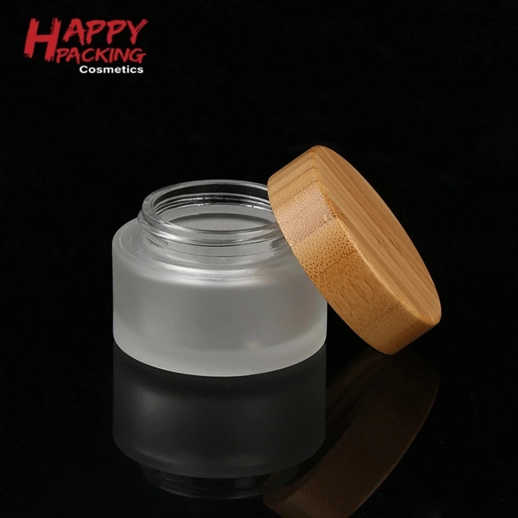 Wholesale Custom Logo 30 g 1 oz Empty Bamboo Cosmetic Glass Frosted Clear Jars with Bamboo Lid