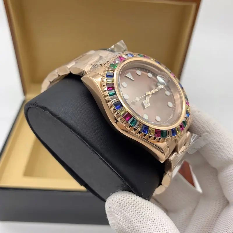 ROL Colored crystal loop bezel milk chocolate dial fashion unisex mechanical watch