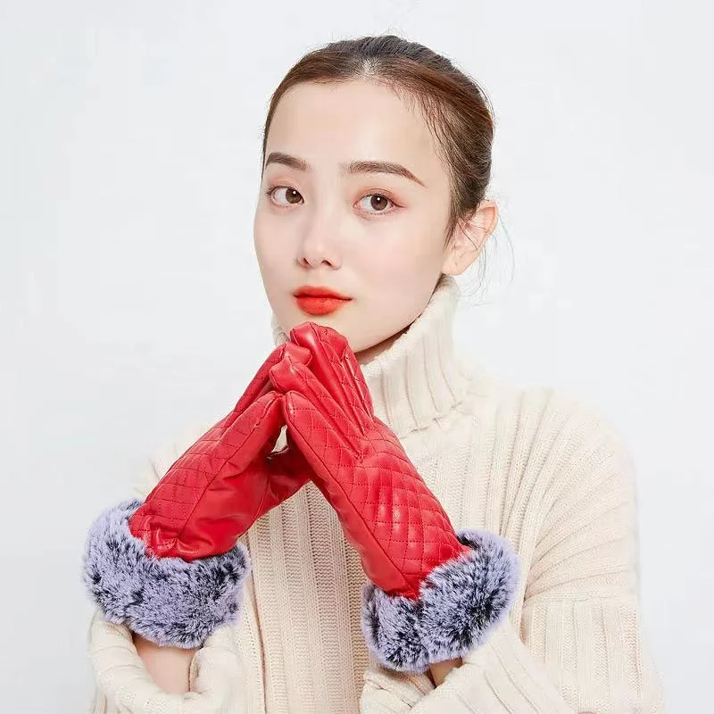 Hot Sell Winter Warm Gloves PU Leather Faux Fur Cuff Gloves Touch Screen Gloves for Women
