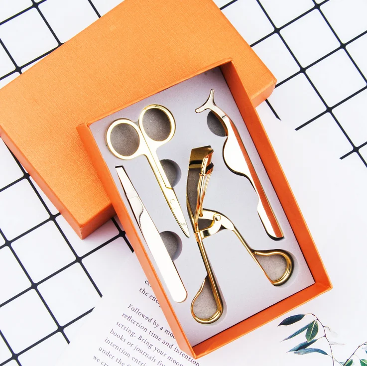 New arrival wholesale four colors stainless lashes tool eyelash curler rose gold eyelash tweezer set applicator
