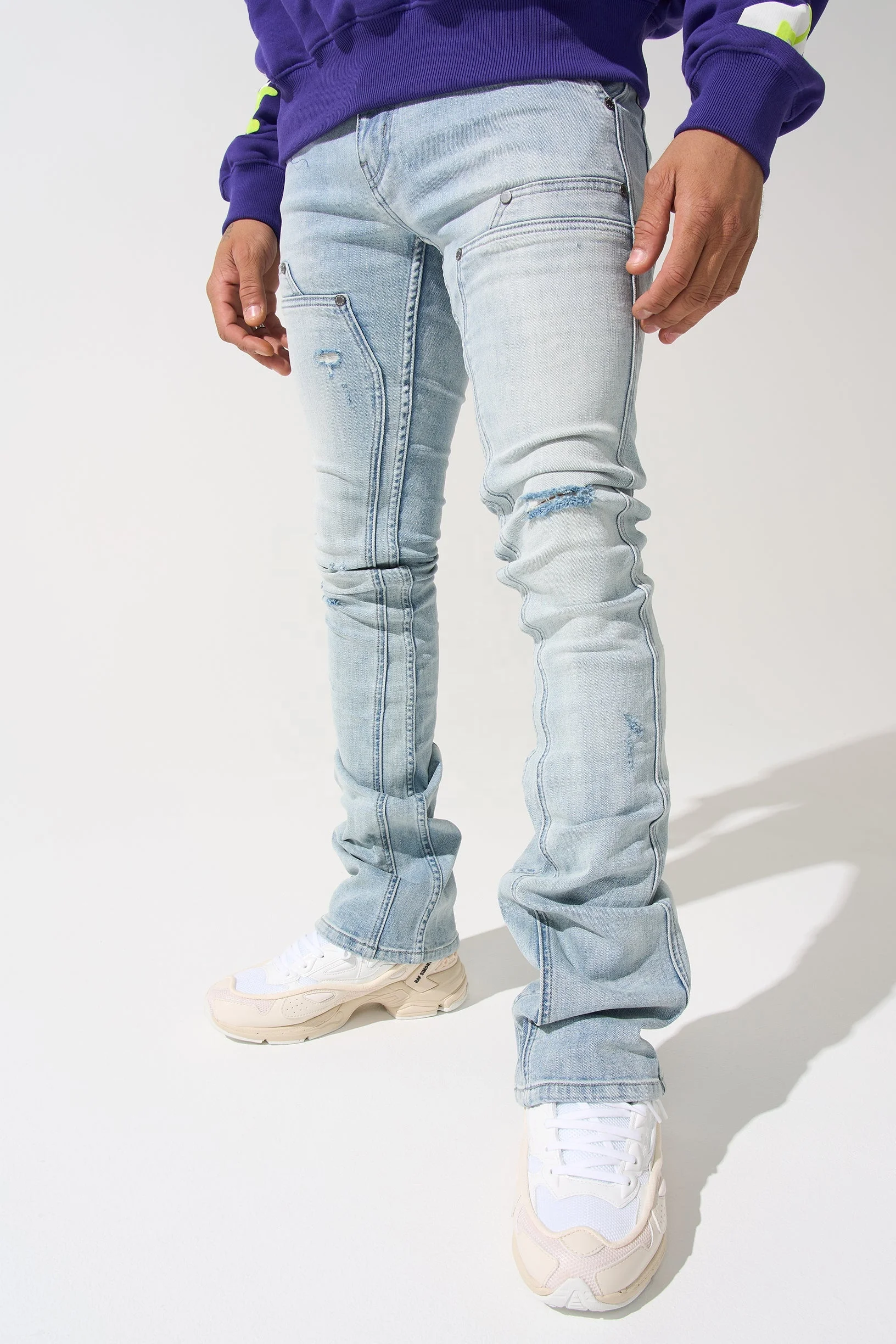 HG high quality light blue wash with carpenter panels distressed ripped skinny fit stacked jeans