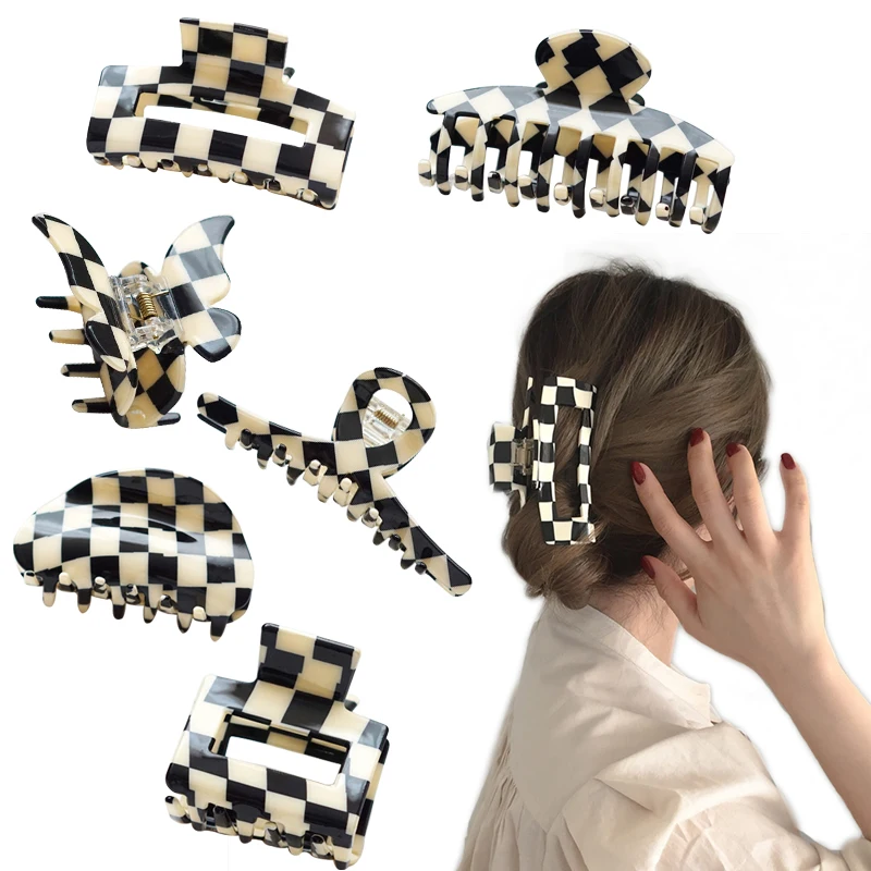 Ins Checkerboard Hair Claw Clips Acetate Fiber Hair Claw Metal Hair Accessories For Women& Girls