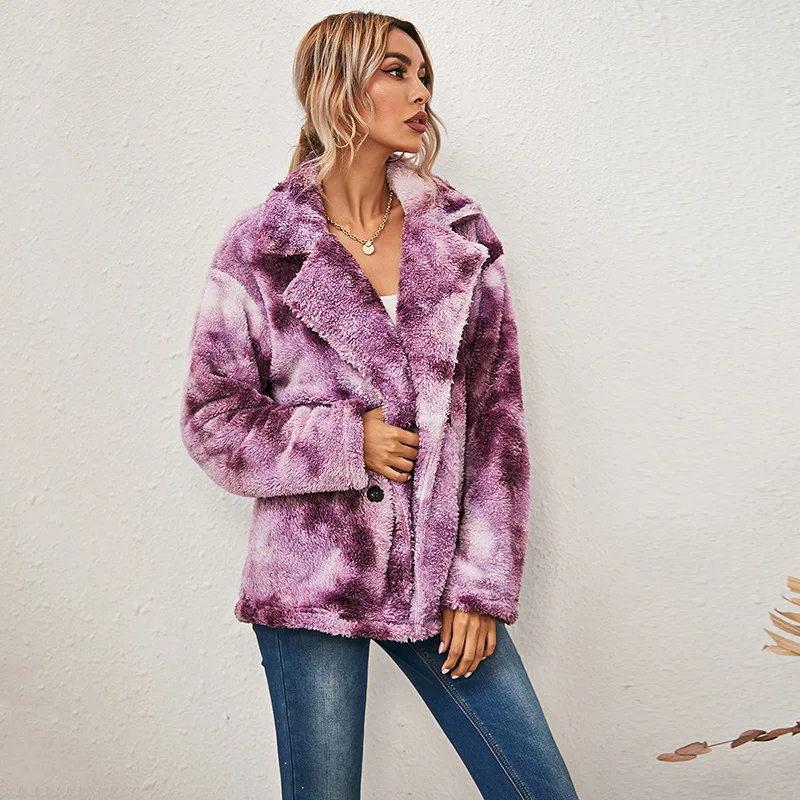 ZACAVIA Women Winter Fashion Tie Dyed Double-sided Plush Double Breasted Thickened Coat Female Cozy Casual Versatile Outerwear