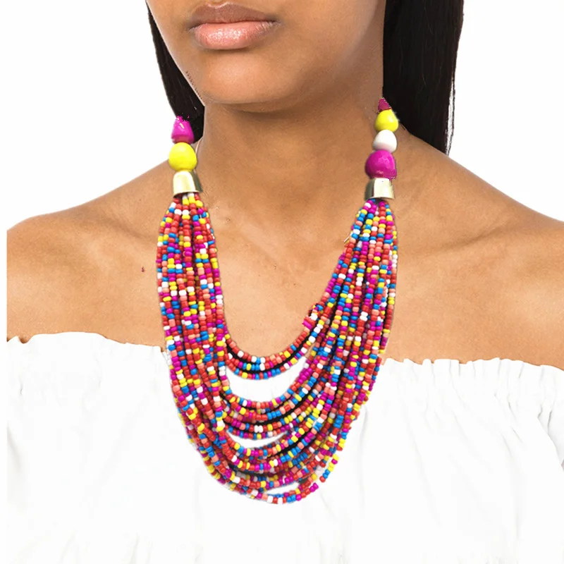 Bohemian Multi-layered Bead Necklace and Earring Jewelry Set Ethnic Style Women Jewelry Set Exaggerated Dubai Jewelry Set