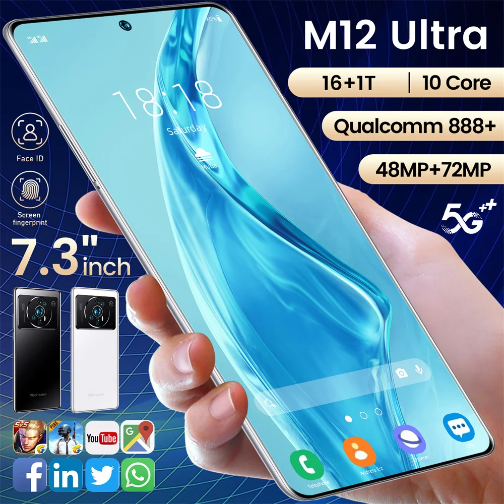 Popular New Global 5G  Xiao M12 ULTRA Original 16GB+1TB Face Unlock Full Display Android 12 Smart Mobile Phone
