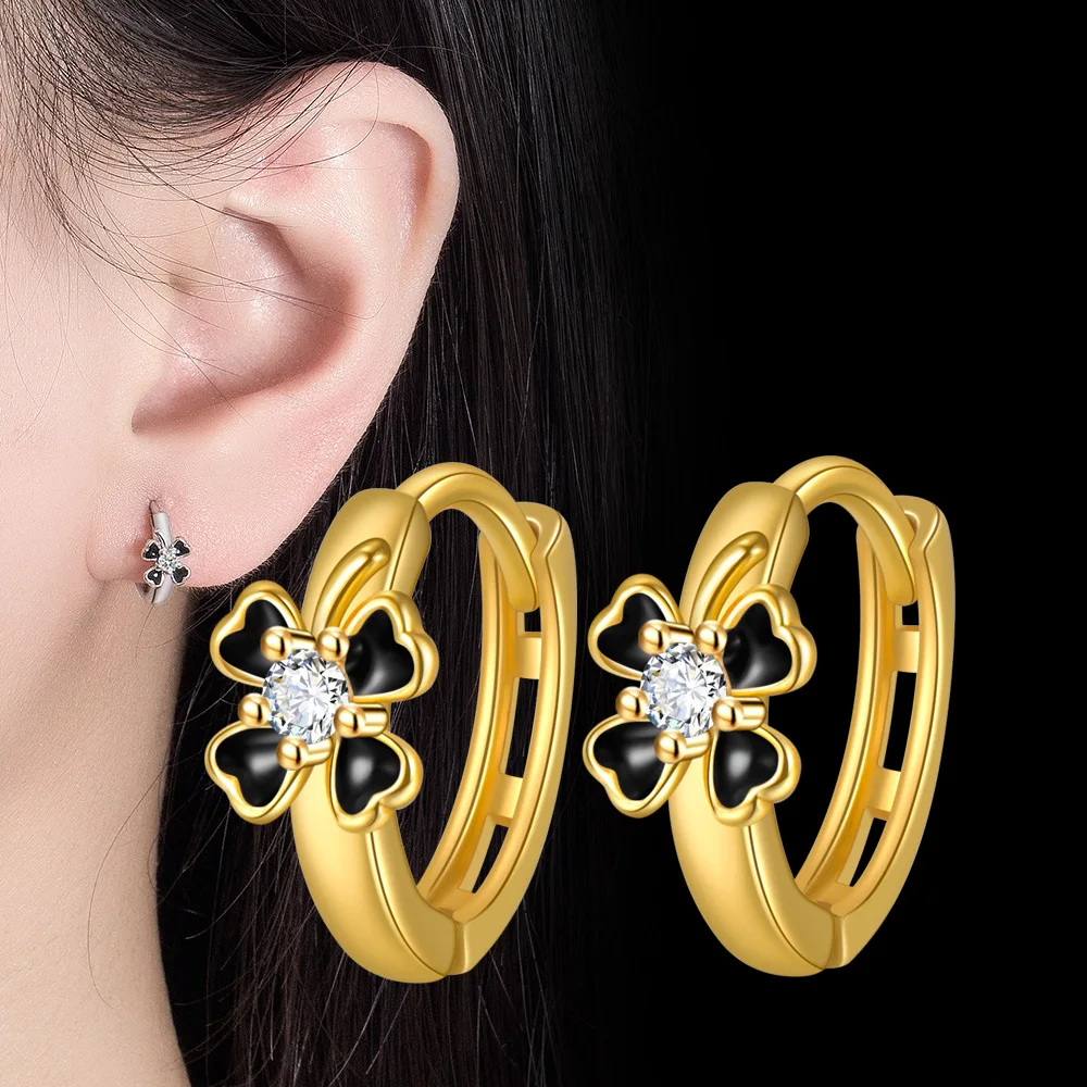 Minimalist CZ Inlaid Clover Hoop Earring Hinged Huggie Earrings Hypoallergenic Jewelry Gift for Girls Women
