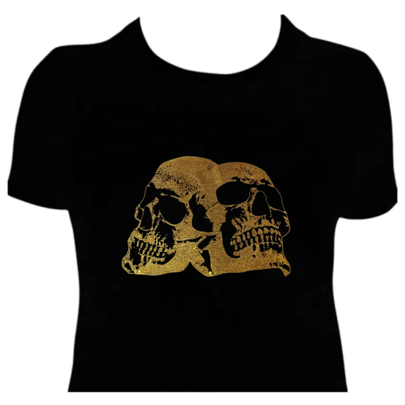 Unisex women men topz factory wholesale rhinestone skeleton skull design 100% cotton t shirt