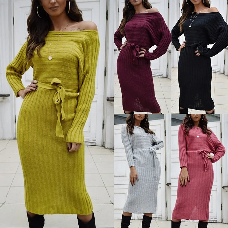 
DLL-DM1905 new Fashion sweater dress women clothing one shoulder knitted straps fall dresses 