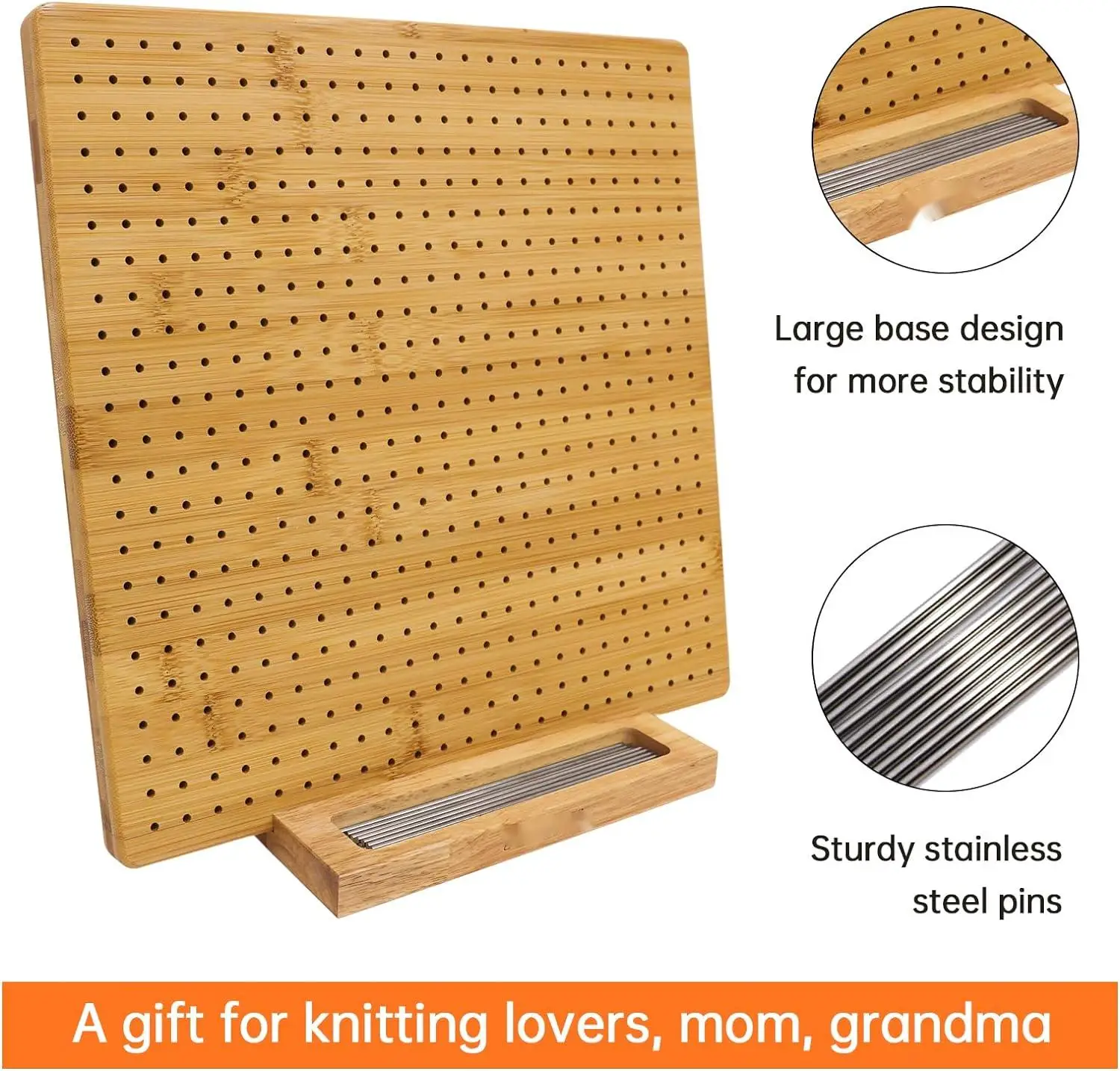 Blocking Board for Crocheting with 15 Stainless Steel Rods Crochet Blocking Board Large Base Bamboo Granny Square with Pegs