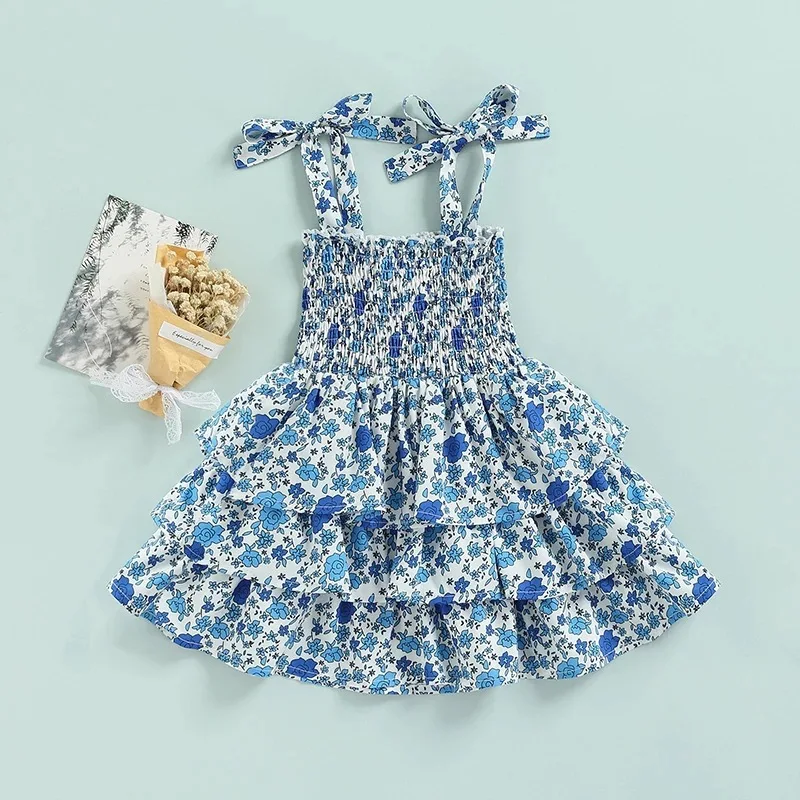 Girls Summer New Dresses Infant Floral Sling Dress Fashion Girls Design Pleated Dresses
