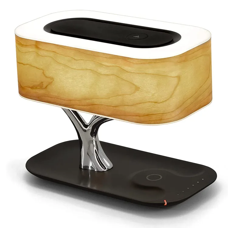 2022 new wooden qi sublimation wireless phone charger lamp speaker tree of light for home office retro elegant