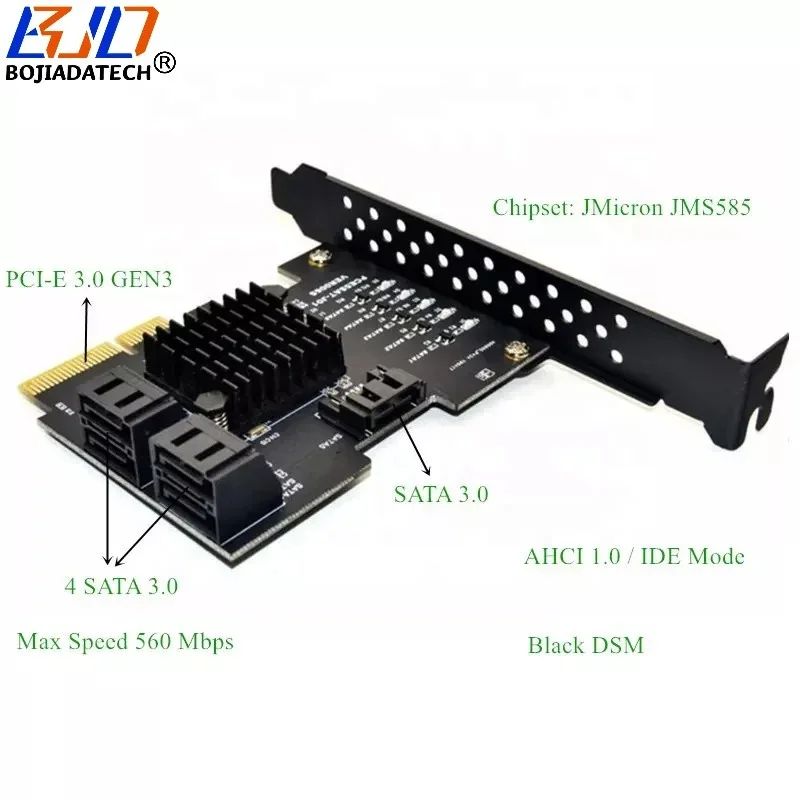 5 * SATA 3.0 7Pin Connector to PCI Express PCI-E 4X Controller Riser Card 6Gbps JMS585 Support Hard Disk Drive