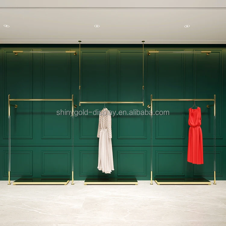 Retail Clothes Shops Boutique Wall Mounted Garment Stand Stainless Steel Shiny Gold Hang U Shape Clothing Rack On Ceiling