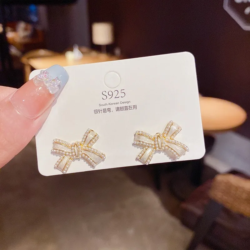 Shiny 925 Silver Needle Gold Zircon Pearl Tassel Bow Butterfly Heart Stud Earrings Women Opal Clover Flower Drop Earrings