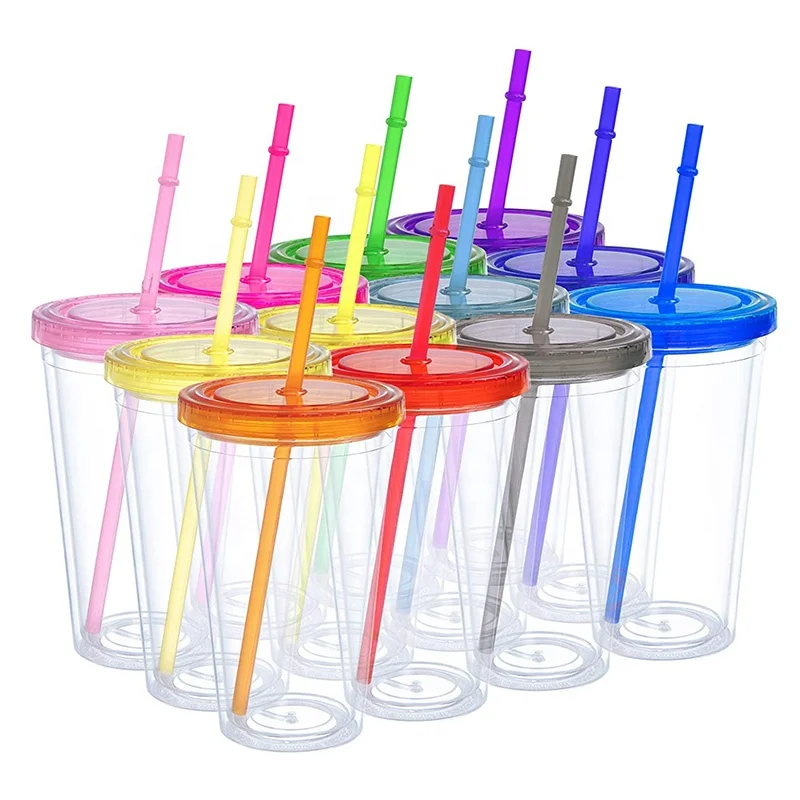 In Strock Classic Double Wall Tumbler Cup 16 oz Clear Insulated Acrylic Plastic Tumbler with Lid and Reusable Straw
