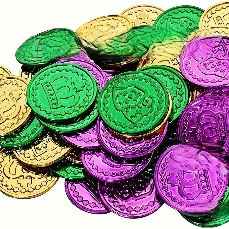 Mardi Gras Party Favors Decorations Throws For Parades Fake Purple Green Golden Plastic Coins For Pirate Hunting Game Supplies