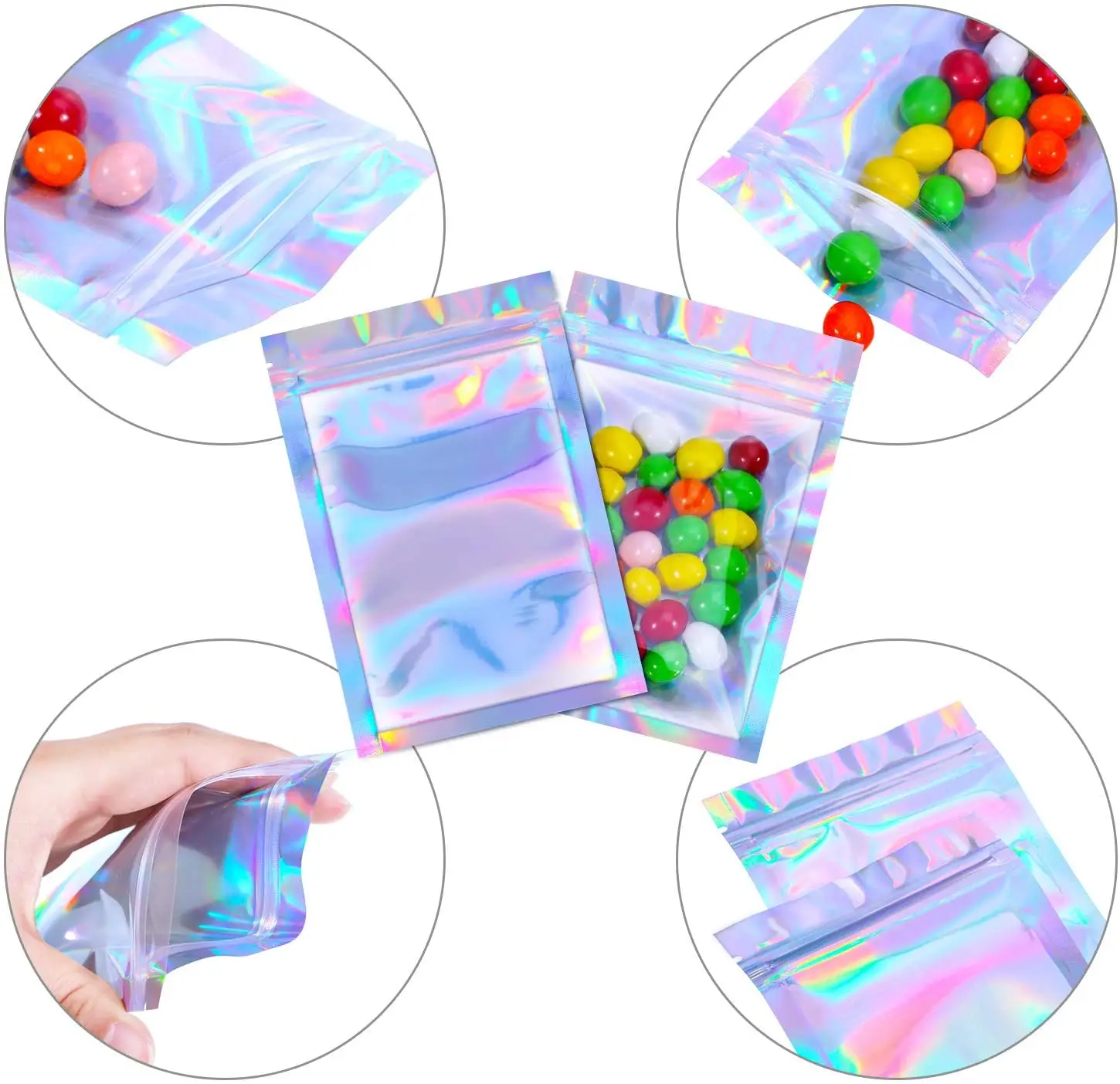 
Rainbow Color Holographic Mylar Bag Smell Proof Resealable Ziplock Packaging Bag for Food Storage 