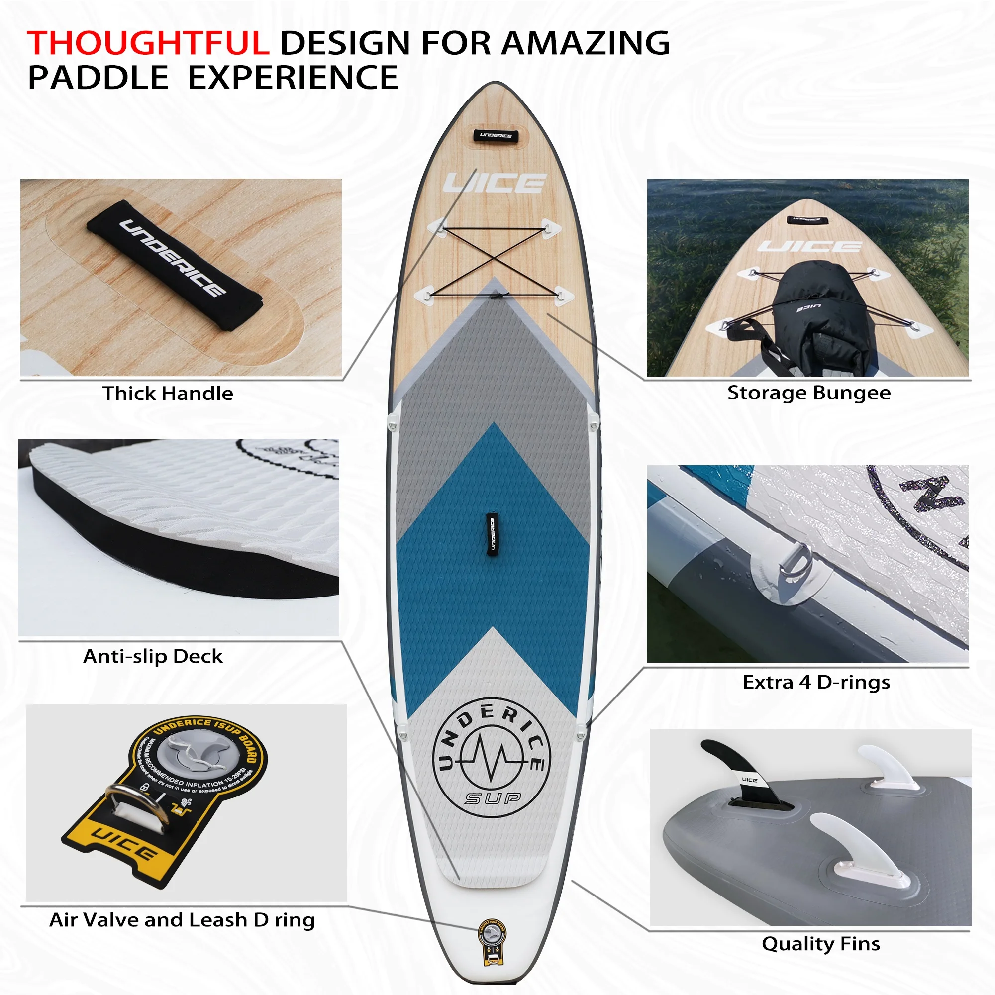 Трехслойная Высококачественная надувная доска UICE с деревянным дизайном для рыбалки и серфинга