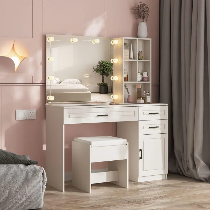 Easy assemble cosmetics dressing table White Color Makeup Organizer for vanity Vanities Desk with Mirror for Makeup