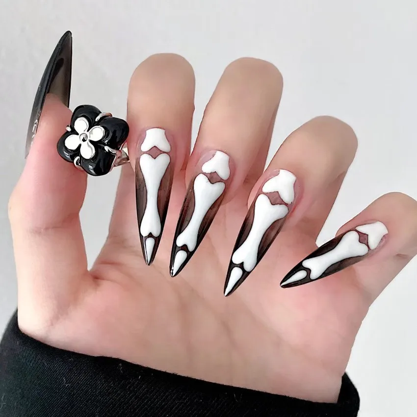 B66 Gothic Bone Designed Reusable Handmade False Nails long Custom Halloween Acrylic Press On Nails Artificial Nails for girls