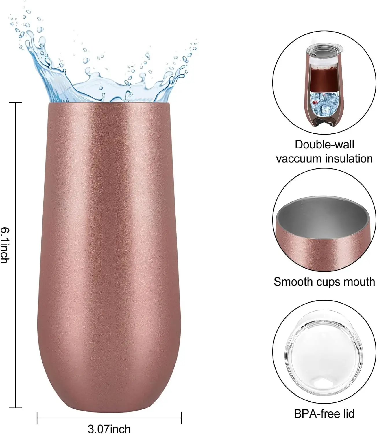 6oz Custom Sublimated Insulated Stainless Champagne Flute Tumbler with Lid Stemless Mug for Gift Giving for Birthday Wedding