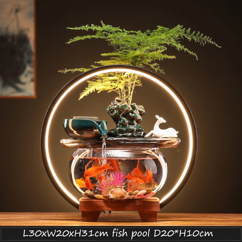 Creative Glass Fish Tank Living Room Desktop Circulation Flowing Ornaments Mini Waterfall Water Fountain with Light