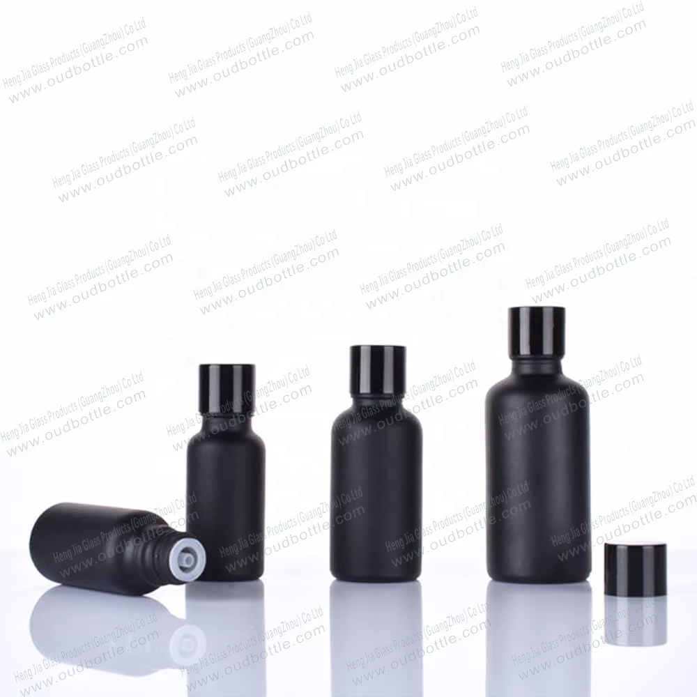 Empty Refillable Coated Round For Massage Essential Oils Aromatherapy Glass Jar With Cap Black Matte Frosted Dropper Bottle