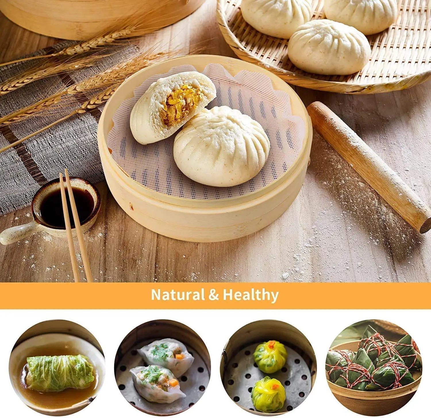 Handmade Basket Bamboo Steamer 10 Inch, 2 Tiers Chinese Food Bamboo Steamers for Cooking,Reusable 2 Gauze Liners and Chopsticks