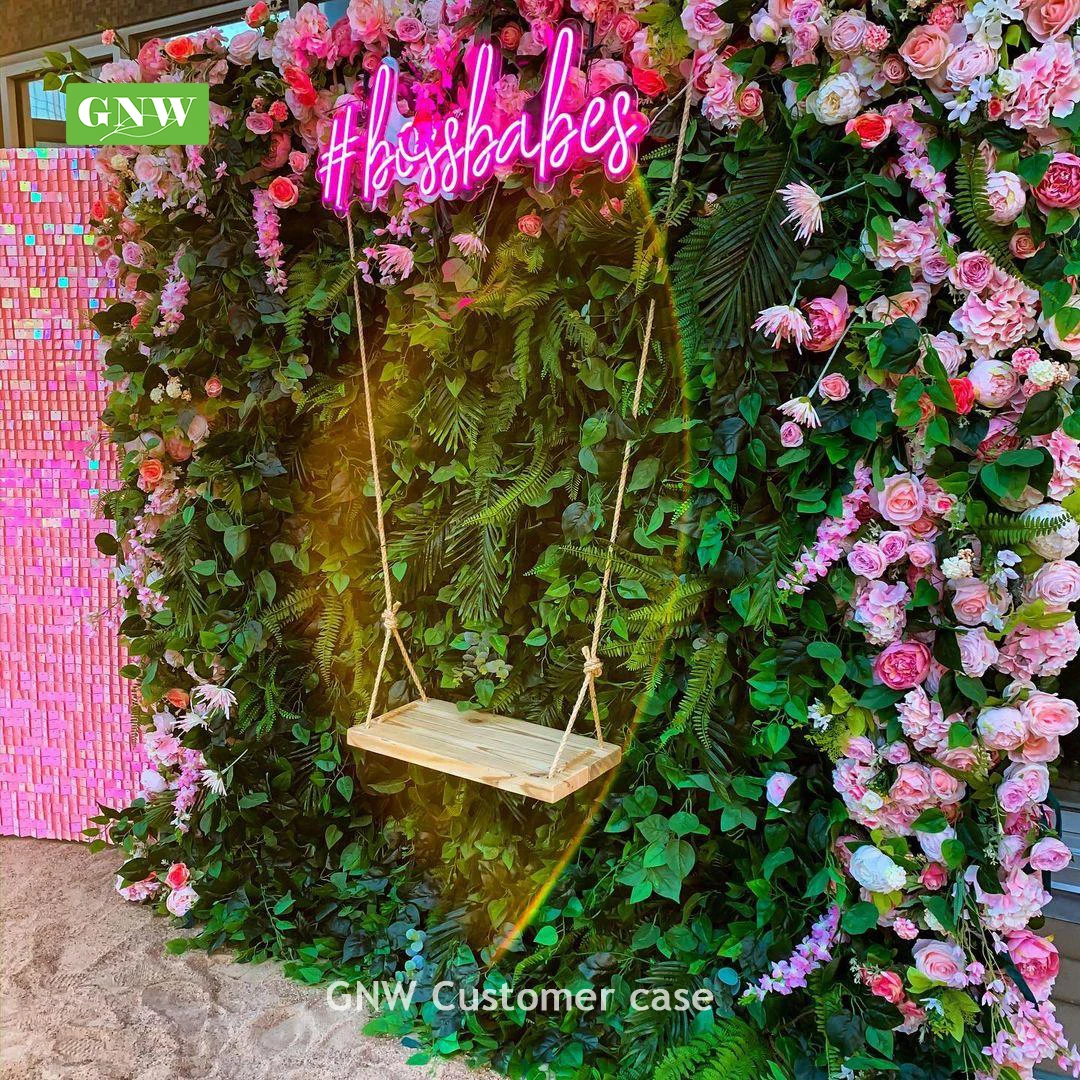 GNW Natural green plants&flower wall mixed artificial Roll Up Flowers Wall Wedding Decor Flower backdrop