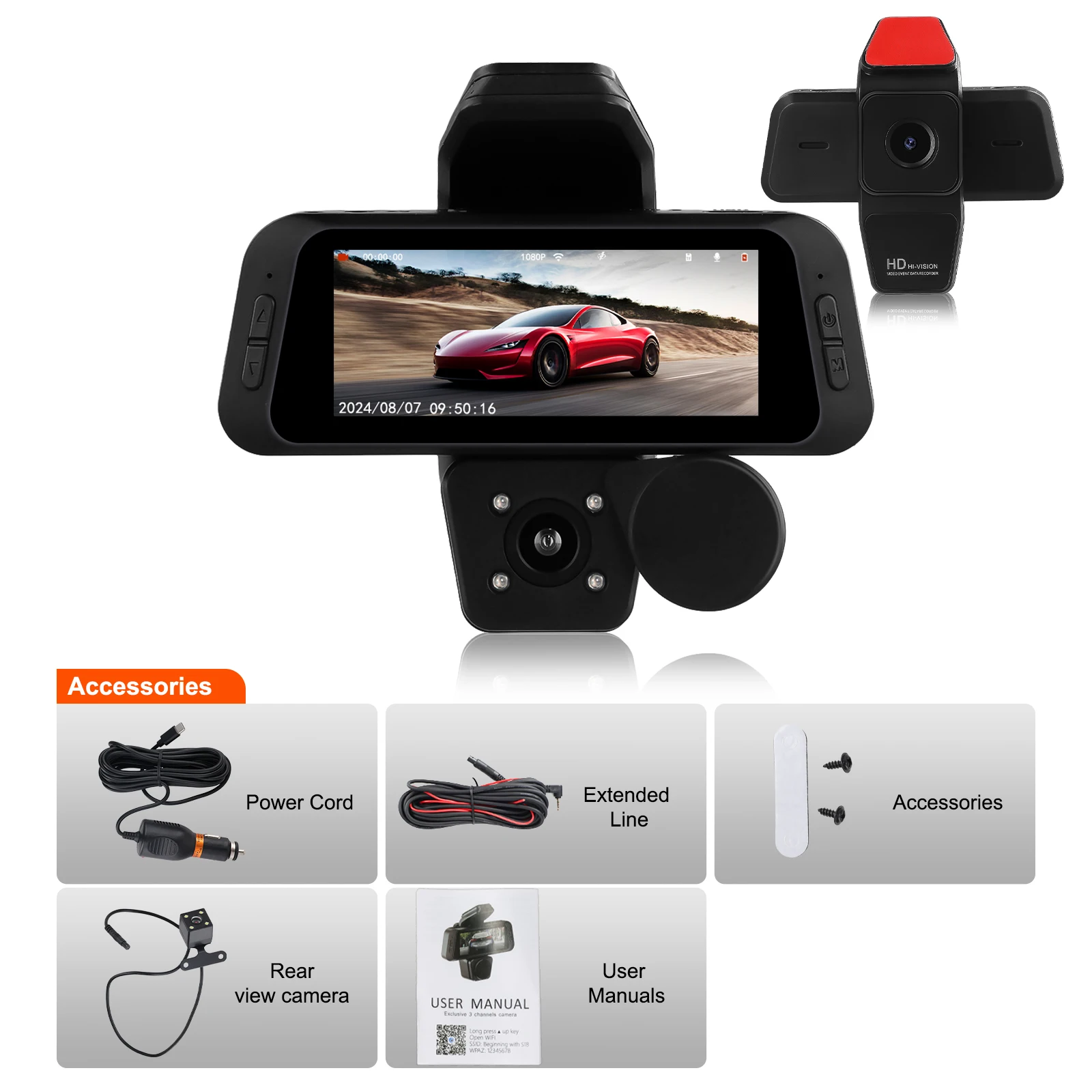 Podofo 3-inch three Lens Dash Cam 1080P WIFI Car DVR Night Vision + G-Sensor+ Parking Monitoring + 3 Cameras Loop recording OEM