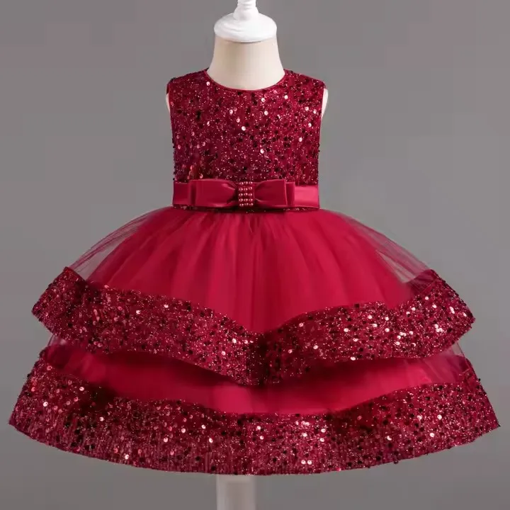 Christmas Girl Dresses Toddler Baby Birthday Party Princess Christening Gown Kids Red Sequin Sleeveless Tutu New Year Costume