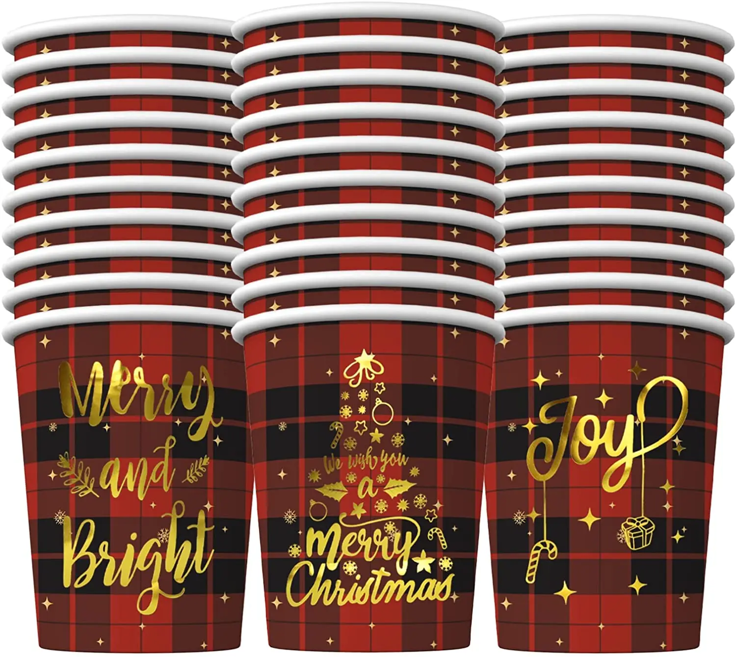 Christmas Cups Paper 30PCS 9 OZ Red and Black Buffalo Plaid and 3 Designs Adult Kids Disposable Xmas Party Cups for Coffee Chris