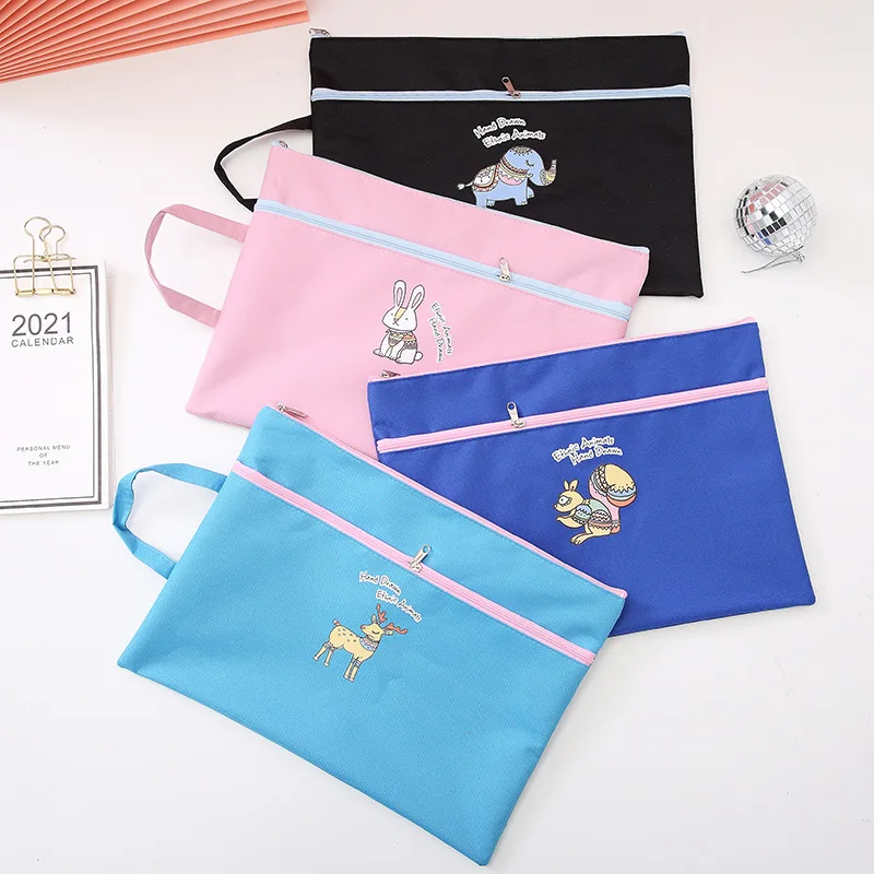 Cute Portable Stationery Bag A4 Zipper File Bags Oxford Pouch Bags Multipurpose Document File Holder for School Office