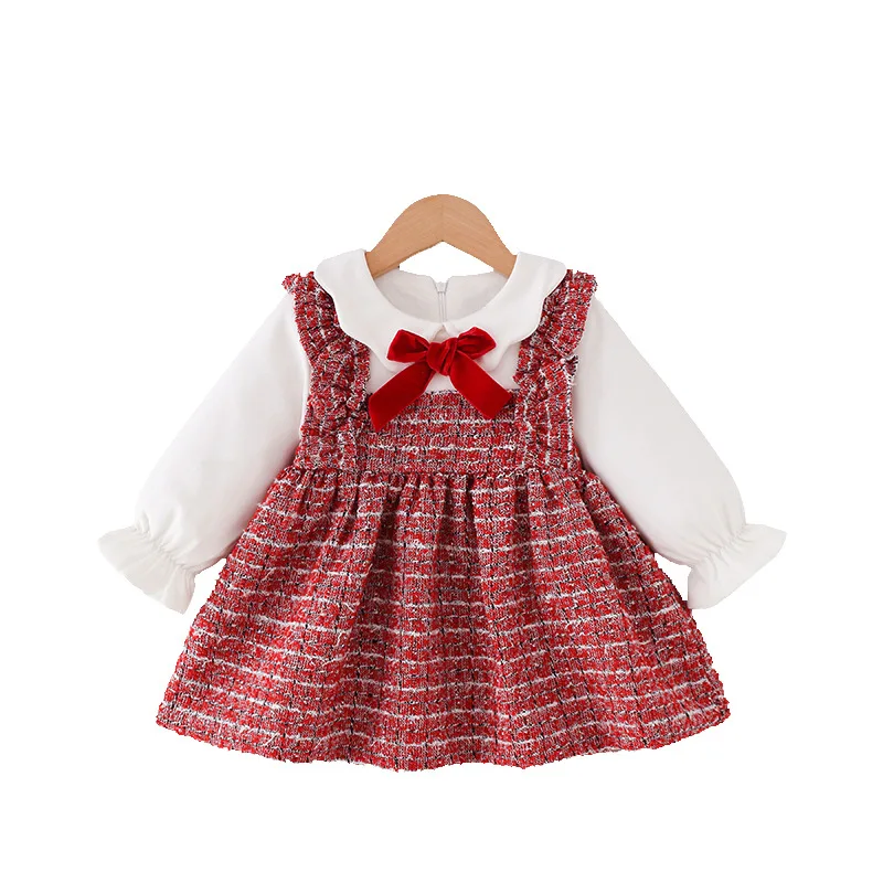 
2021 New winter classy kids clothing little girl Long sleeves lattice toddler Cotton stripe gules party dresses girl 