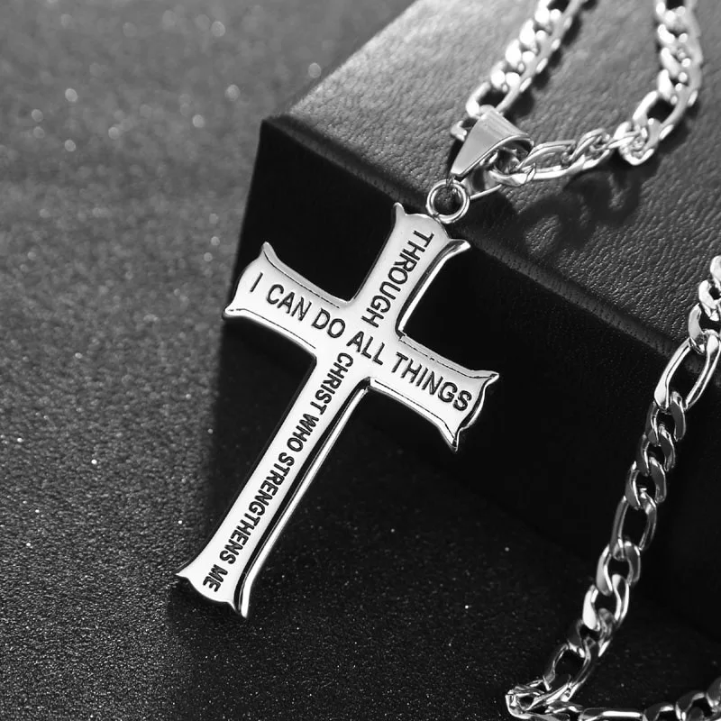 Stainless Steel Cross Pendant Religious Bible Verse Pendant Necklace Inspiration Engraved I CAN DO ALL THINGS