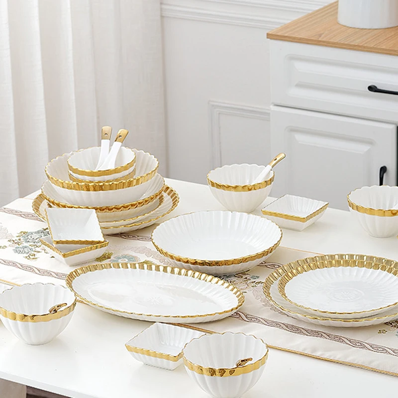 High-end Kitchen Tableware Ceramic Bowl Plates Sets Nordic White Gold Rim Ceramic Dinnerware Sets luxury Crockery Dinner Sets