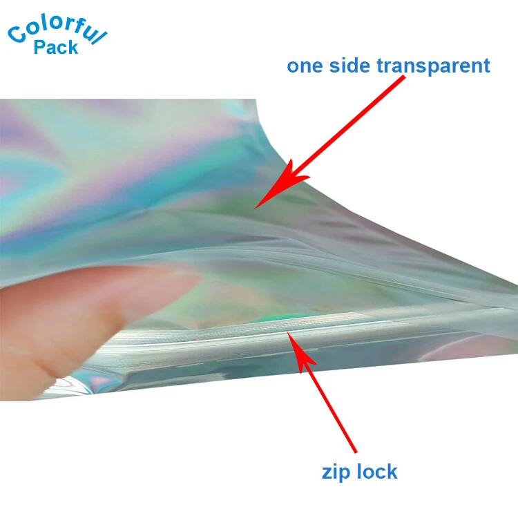 Holographic Colorful Shiny 3 side sealing bags with zip lock