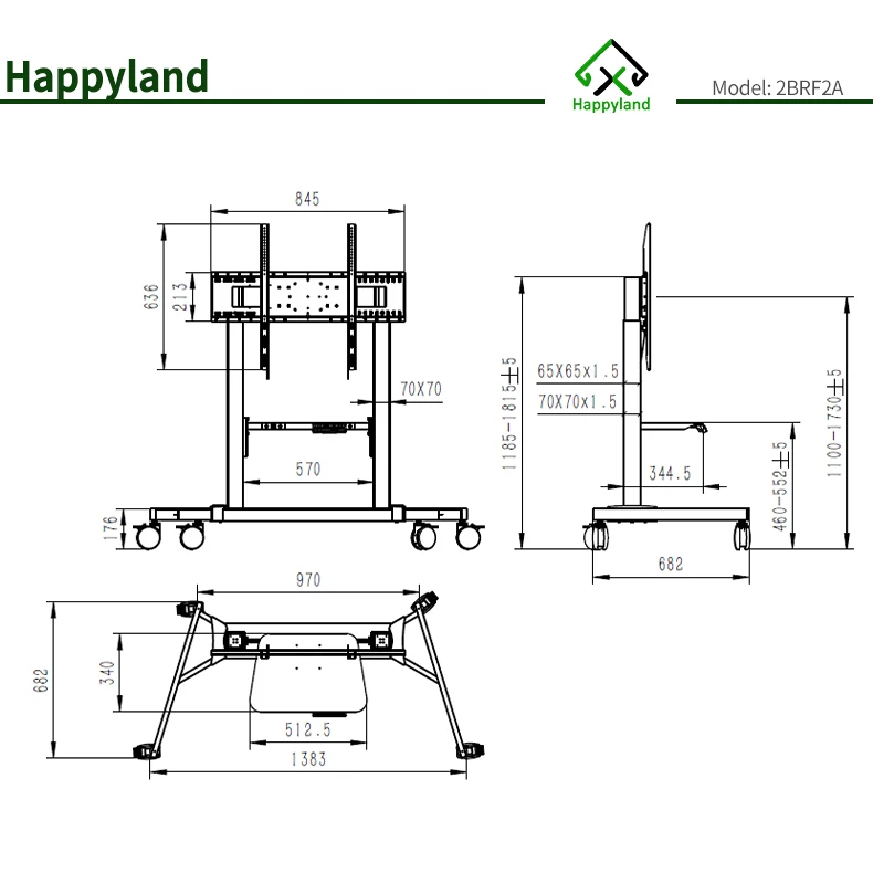 BRF2A Modern Electric Height Adjustable TV Lift Portable Mobile TV Trolley Cart Pedestal Stand with Wheels Rotate 360 Degree