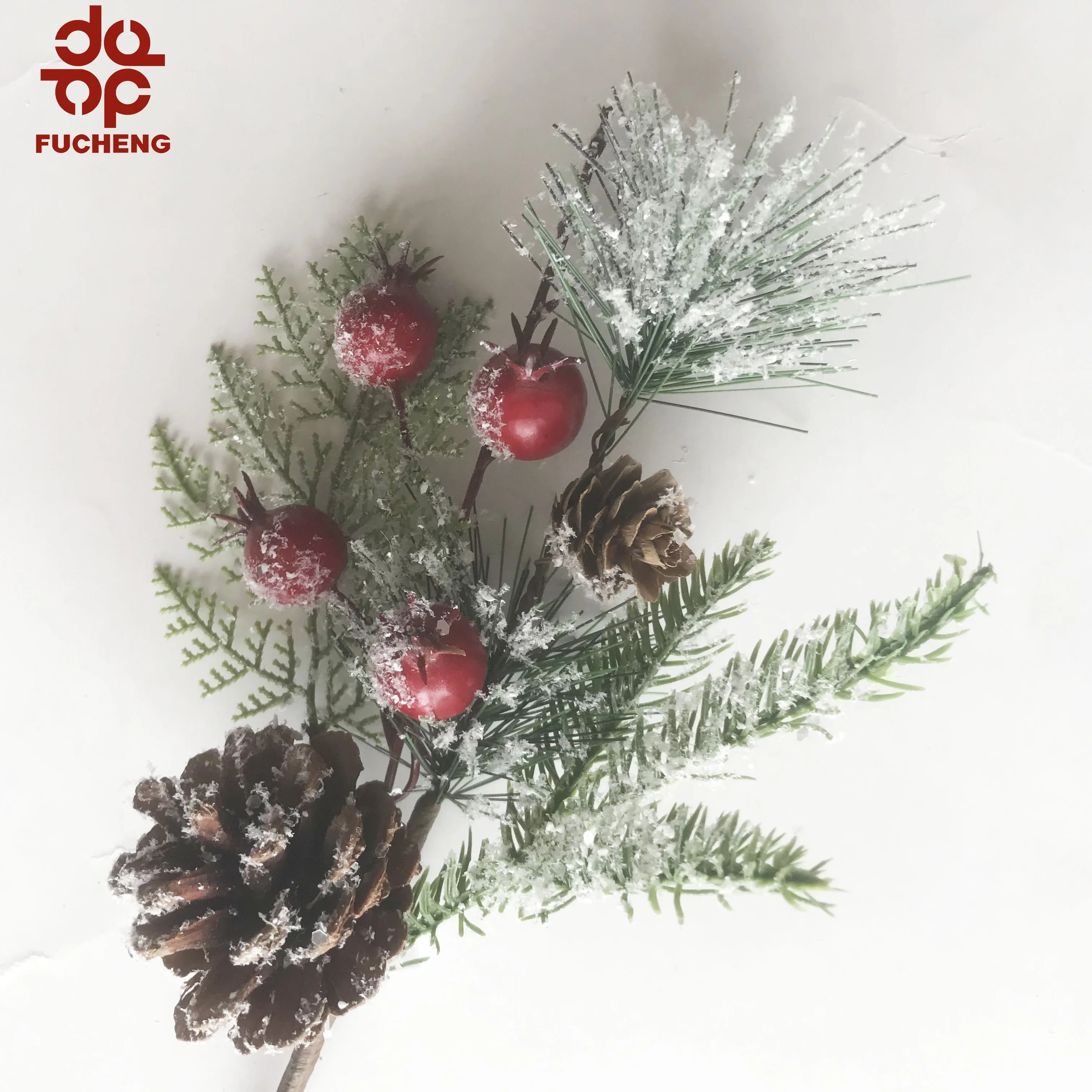 
Hot Selling Artificial Christmas Flower with pine nuts poinsettia berry pine branch with snow for flores de navidad decor 