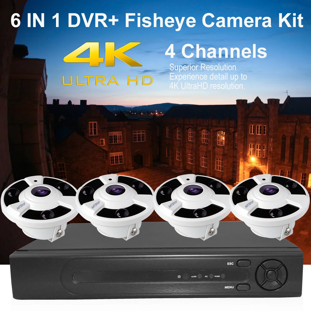 4CH 4k камера для домашней безопасности системы 4x проводной 8MP Fisheyes 360 градусов AHD камеры 4 канальный цифровой видеогеристратор обособленный Система контроля доступа поддержка 8