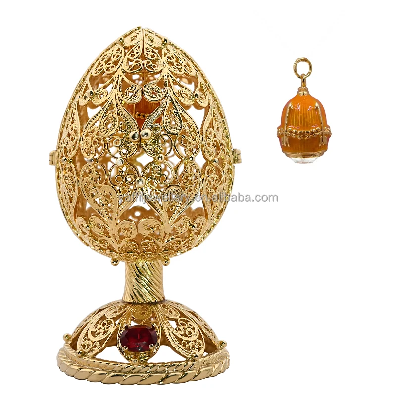 Hand-painted Enamel Decorated Egg Jewelry Box With Faberge Egg Pendant For Unique Home Decor
