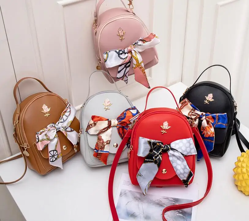 
Small Teenage Girls Book Bag Female Phone Pouch Scarf Rose Mini woman backpack shoulder bag pu leather backpack 