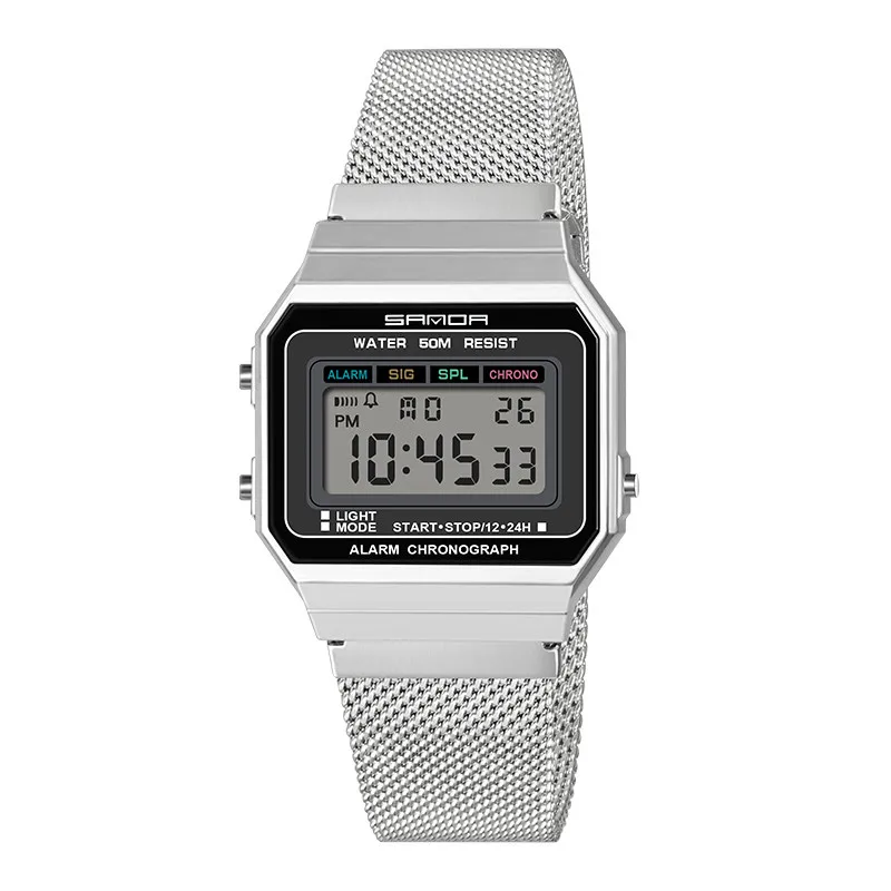 Sanda 6017 Stainless Steel  Digital Watches Chronograph Waterproof Alarm Fashion LED Display Wristwatch
