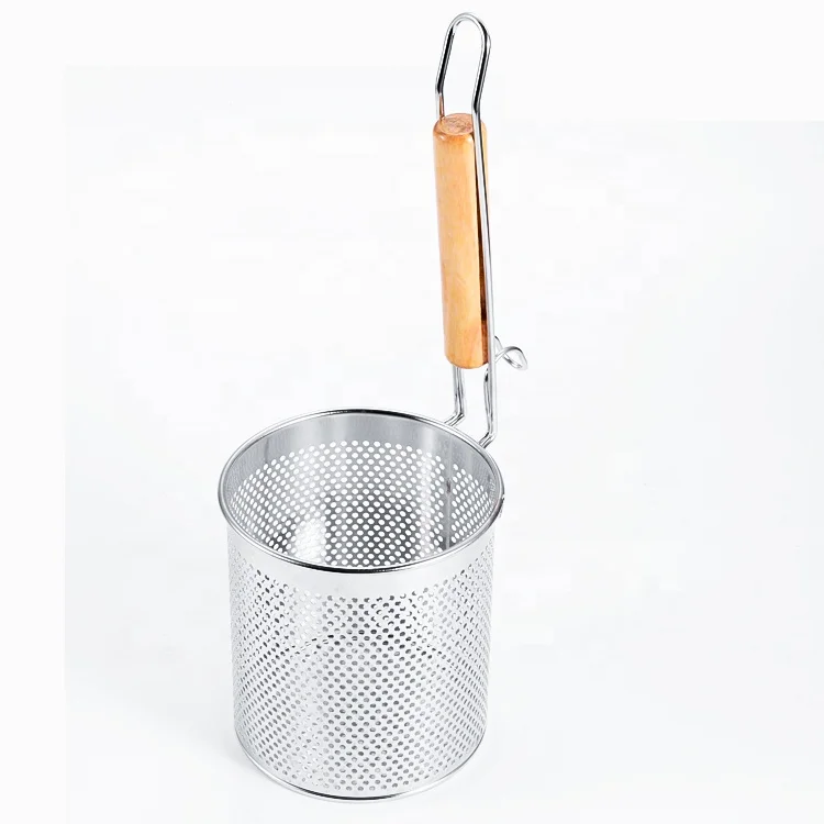 Mesh Pasta Basket with Wooden Handle Stainless Steel Mesh Spider Strainer for Pasta, Noodles, Dumpling