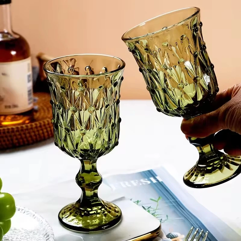 Retro Pearl Embossed Green Wine Goblet Vintage Wine Cup Vintage Goblet Wine Glass For Wedding Decoration