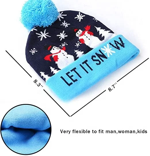 Wholesale Price New Winter Festival Xmas Party Pompom Led Hats Kids Light-up Caps Women Christmas Knitted Beanies