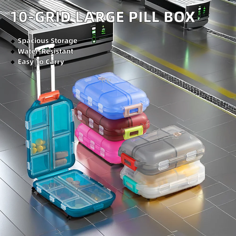 Ergonomic Portable Pill Box with 10 Grids Waterproof Canvas Medicine Storage Organizer Large Capacity and Food Safe