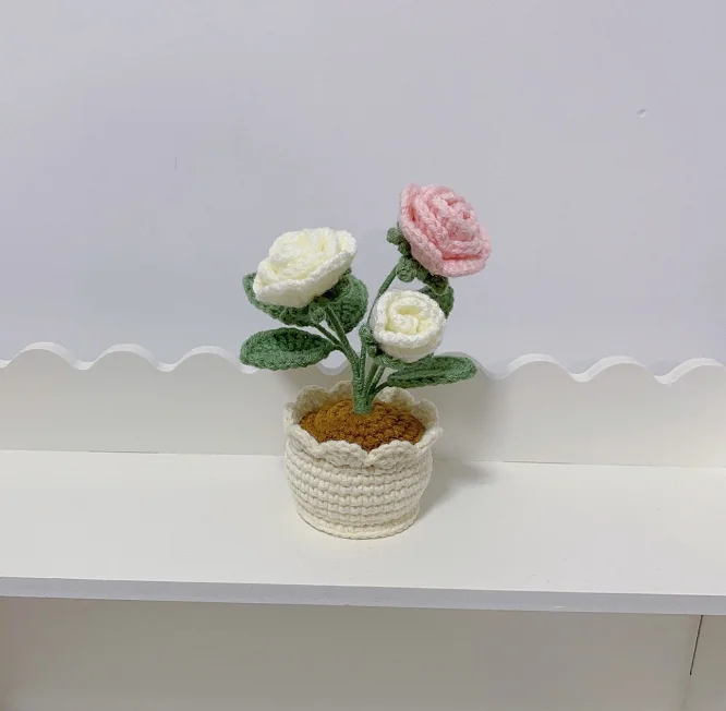 2023SYWhite Roses Artificial Flowers Crochet Potted Plant Wedding Decorative Vases for Home Decor Bride Bouquet Foam Craft Gifts